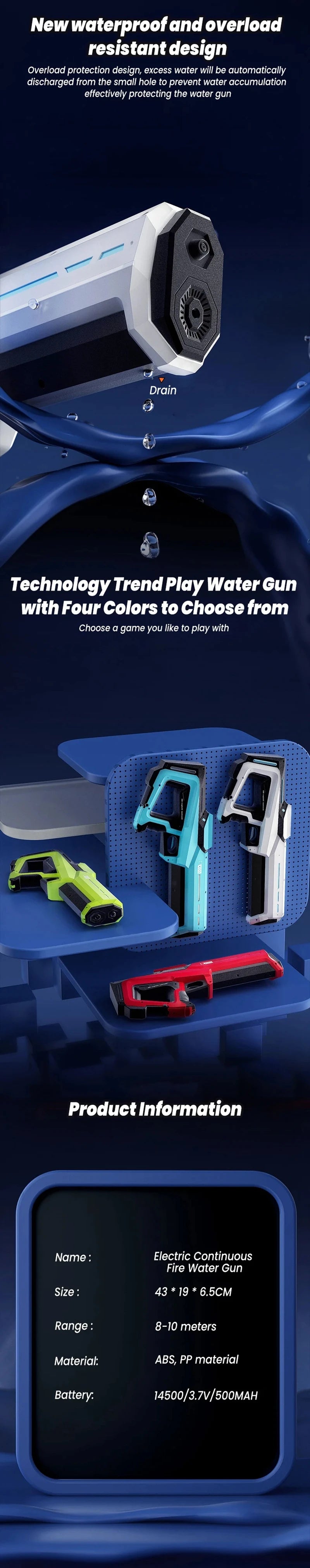 Pistolet à Eau Électrique pour Adultes – Puissant Lanceur d'Eau Automatique avec Grand Réservoir d'Eau pour Piscine d'Été, Plage et Jeux Aquatiques Extérieurs
