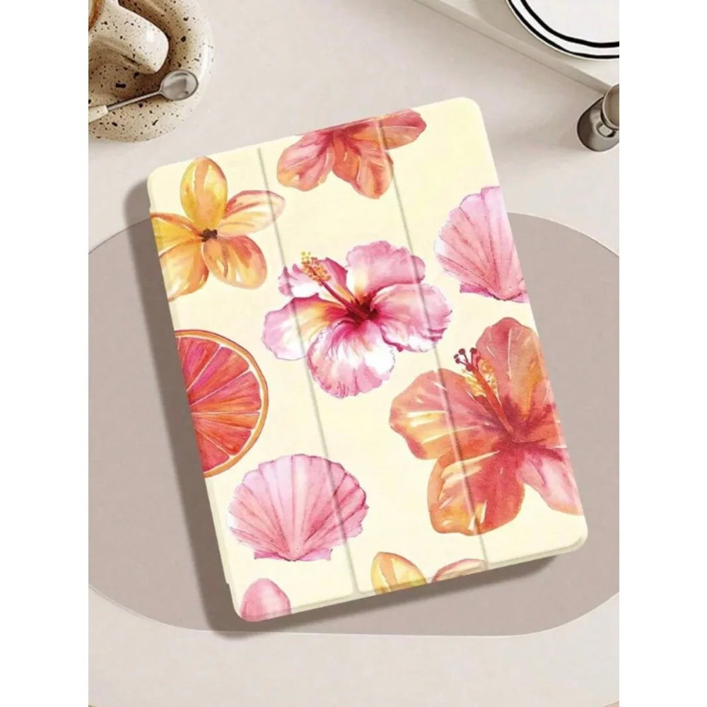 INS Hibiscus Flower iPad Case – Floral Trifold Cover for iPad Pro 10.2/11, iPad Pro 2020, iPad 6th/7th/8th/9th Gen, iPad Air 3/4/5 & Air 11