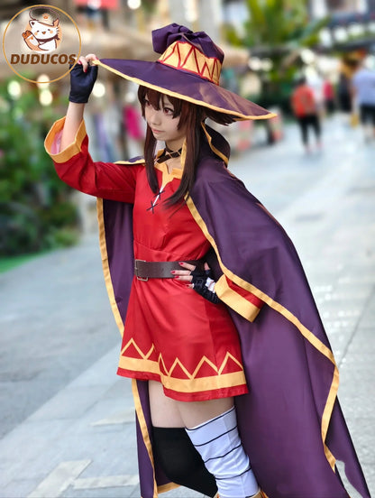 KonoSuba Megumin Cosplay Costume – Witch Cloak Set with Wig, Hat, Blindfold & Stockings (Women’s Halloween Outfit)
