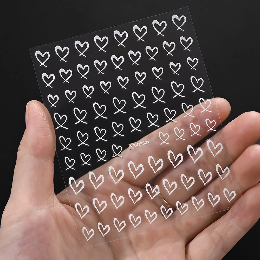 8-Sheet 3D Heart Nail Stickers – Cute Pink Black White Gold Self-Adhesive Nail Art Decals (8×10cm)