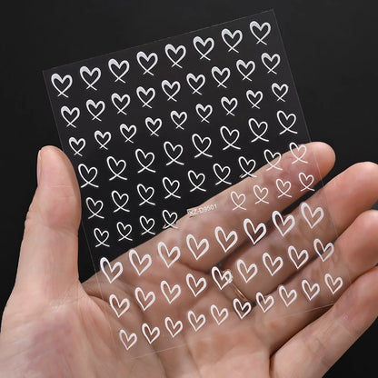 8-Sheet 3D Heart Nail Stickers – Cute Pink Black White Gold Self-Adhesive Nail Art Decals (8×10cm)