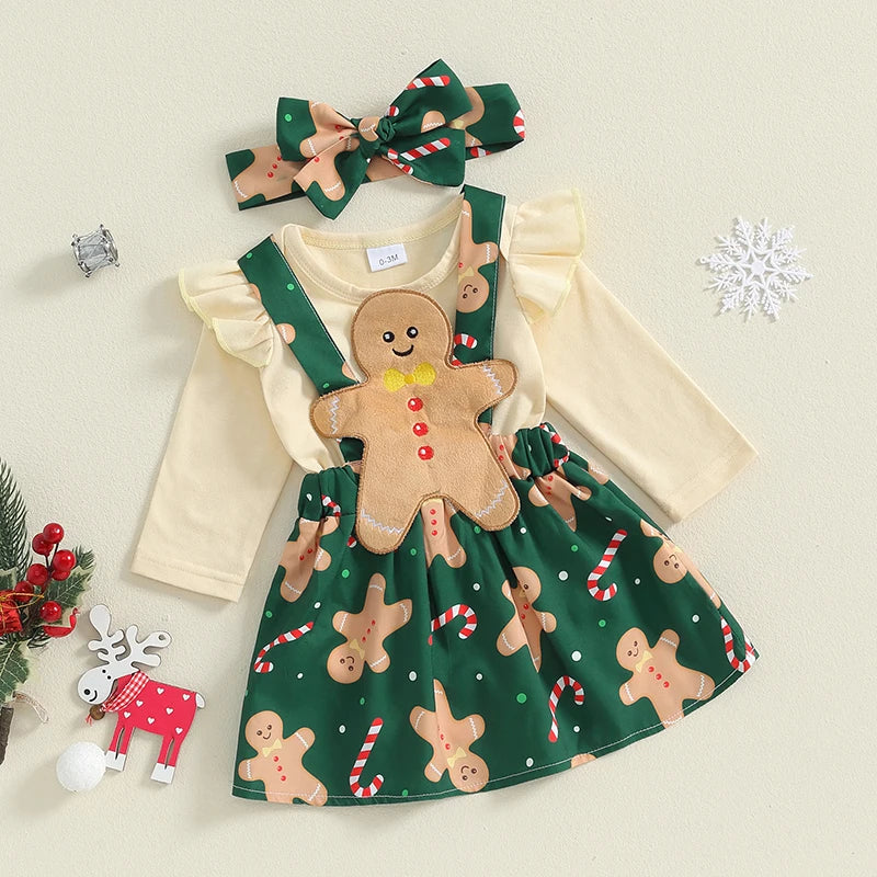 Baby Girl Christmas Outfit Set – Ruffle Long-Sleeve Romper with Santa, Gingerbread & Striped Suspender Skirt, Headband