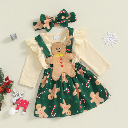 Baby Girl Christmas Outfit Set – Ruffle Long-Sleeve Romper with Santa, Gingerbread & Striped Suspender Skirt, Headband