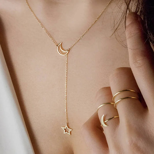 Gargantilla con colgante de luna y estrella dorada – Cadena minimalista de aleación con dije para mujer | Regalo de joyería de moda para fiesta