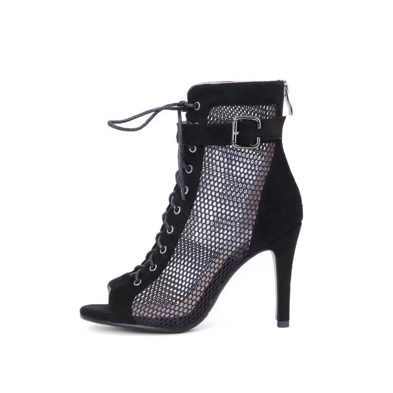 Sandalias Gladiador de Malla con Punta Abierta para Mujer – Tacones Altos de Aguja con Cordones, Zapatos de Fiesta Calados para Verano