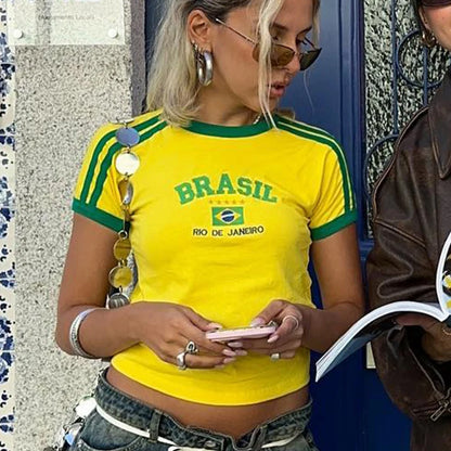 Camiseta corta de verano para mujer 2023 con letras de Brasil, estilo años 90, estética, Kpop, moda urbana, vintage Y2k, manga corta