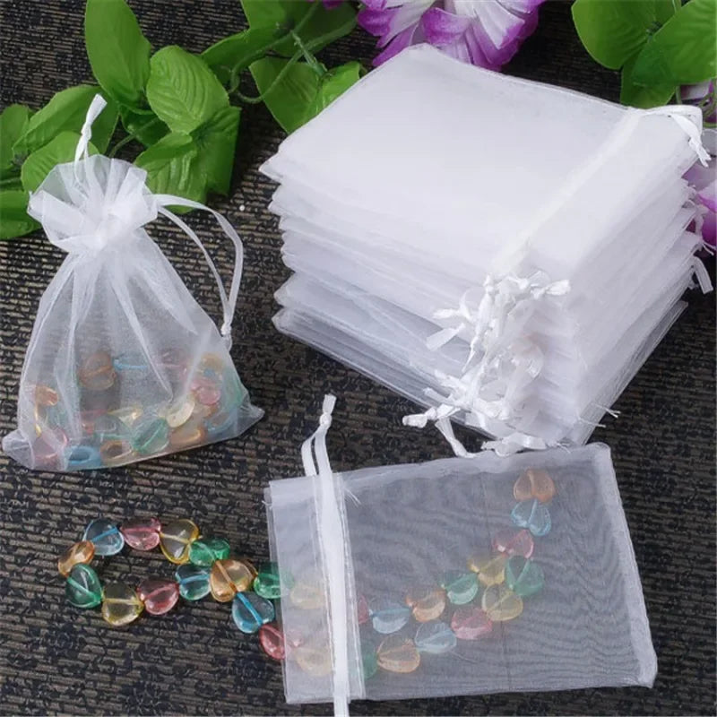 Bolsas de regalo de organza blanca de 20 a 100 unidades – Bolsas de joyería con cordón para recuerdos de boda, regalos de Navidad, empaques de dulces y accesorios para fiestas