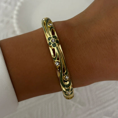 Elegante pulsera de esmalte de flores con circonitas – Pulsera retro chapada en oro con ojo turco floral para mujer | Joyería de moda para fiesta