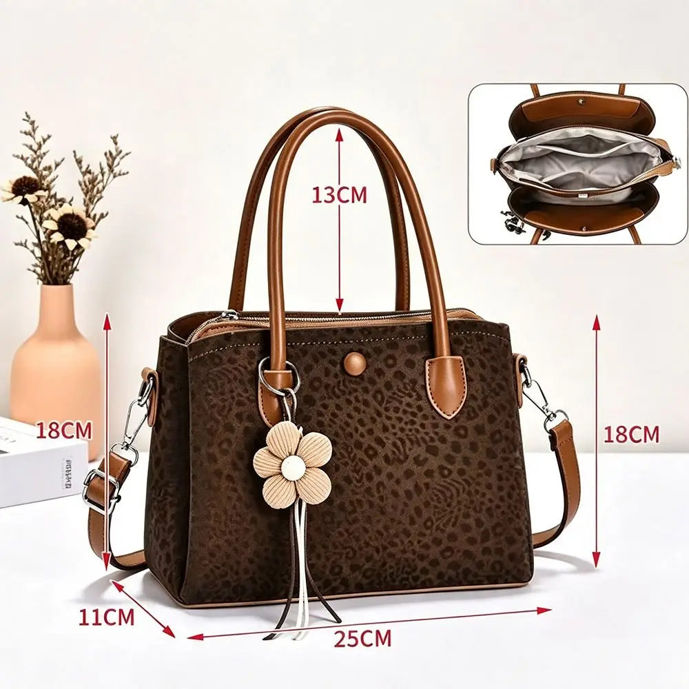 Women's PU Leopard Print Handbag – Large-Capacity Multi-Layer Shoulder & Hand Carry Bag with Textured Finish and Pendant Detail