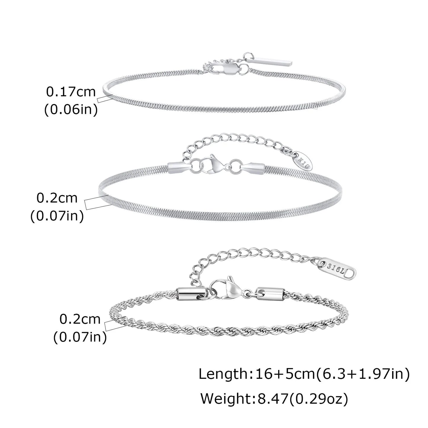 3-Piece Silver Twist Chain Bracelet Set – Never Fade Thin Chain Wristband for Men | Punk Fashion Jewelry Gift for Husband, Father & Son