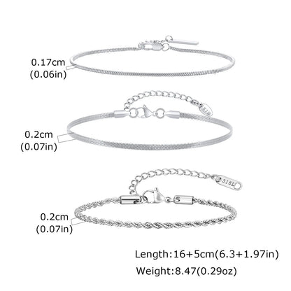 3-Piece Silver Twist Chain Bracelet Set – Never Fade Thin Chain Wristband for Men | Punk Fashion Jewelry Gift for Husband, Father & Son