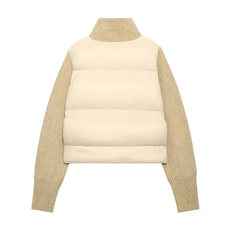 Women’s Sweater-Spliced Padded Coat – Long-Sleeve Zip-Up Jacket with Pockets, Chic Casual Outerwear for Spring & Autumn