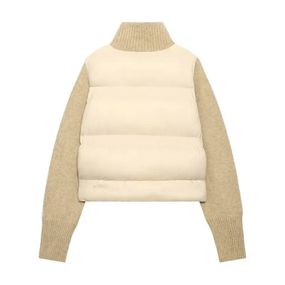 Women’s Sweater-Spliced Padded Coat – Long-Sleeve Zip-Up Jacket with Pockets, Chic Casual Outerwear for Spring & Autumn
