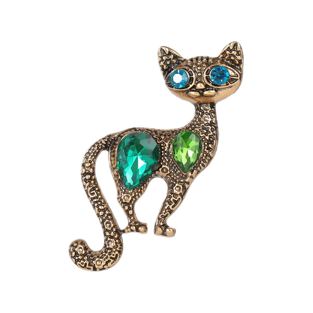 Retro Green Kitten Crystal Brooch Set – Personalized Vintage Cat Flower Chest Pin, Fashion Jewelry Accessory & Gift for Women