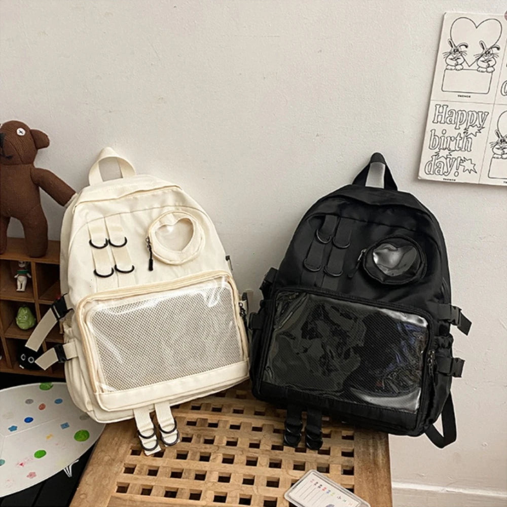 Mochila Ita Kawaii Estilo Collage – Mochila Escolar Transparente con Bolsillo en Forma de Corazón para Adolescentes, Mochila de Moda Japonesa JK, Mochila para Laptop para Mujeres, Bolso de Hombro para Estudiantes Estilo Harajuku 2024