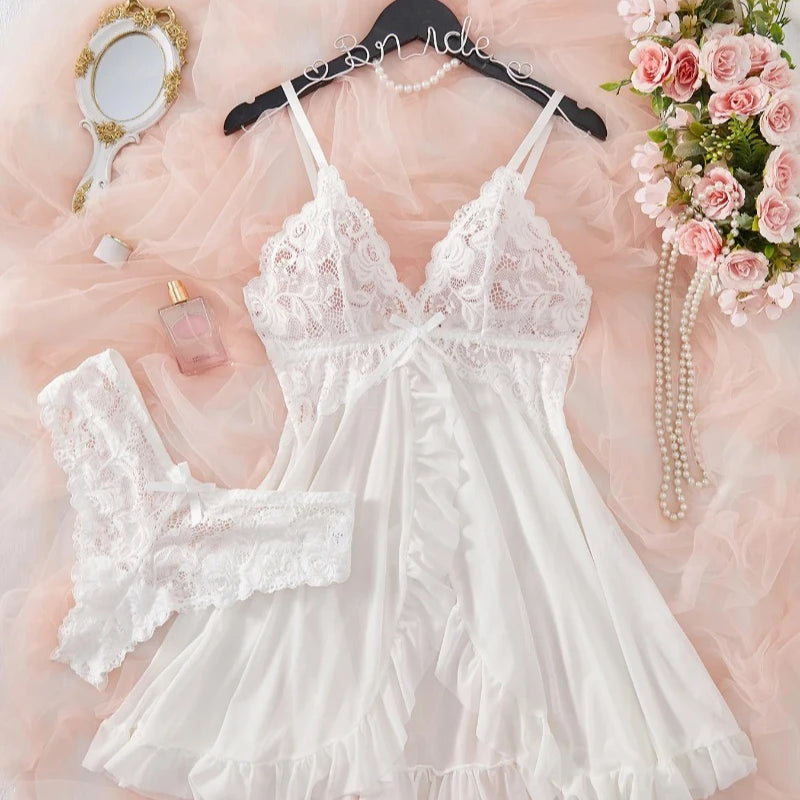Chemise de nuit à col en V en dentelle pour femme – Robe de nuit en satin doux, vêtement de nuit et de détente confortable pleine longueur
