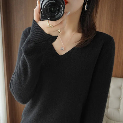 Women's Cashmere-Style V-Neck Sweater – Long-Sleeve Knitted Pullover with Lace Neck & Hollow-Out Detail, Casual Autumn & Winter Top