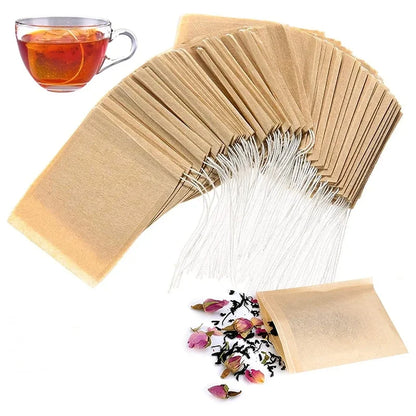 100pcs Empty Tea Bags with Drawstring – Disposable Filter Bags for Loose Leaf Tea, Coffee Beans, Herbal Powder & Spices, Biodegradable Paper Tea Strainer Bags for Home Brewing