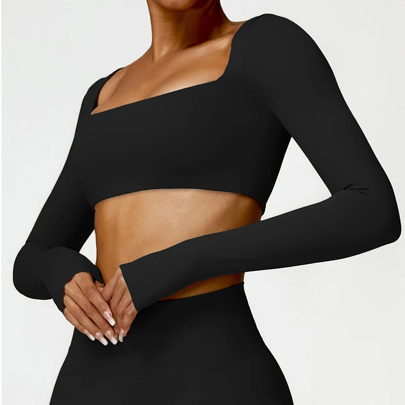 Women’s Square Neck Sports Crop Top – Long Sleeve Quick-Dry Gym Yoga Fitness Activewear