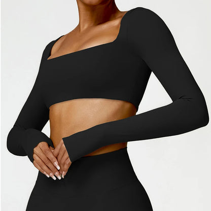 Women’s Square Neck Sports Crop Top – Long Sleeve Quick-Dry Gym Yoga Fitness Activewear