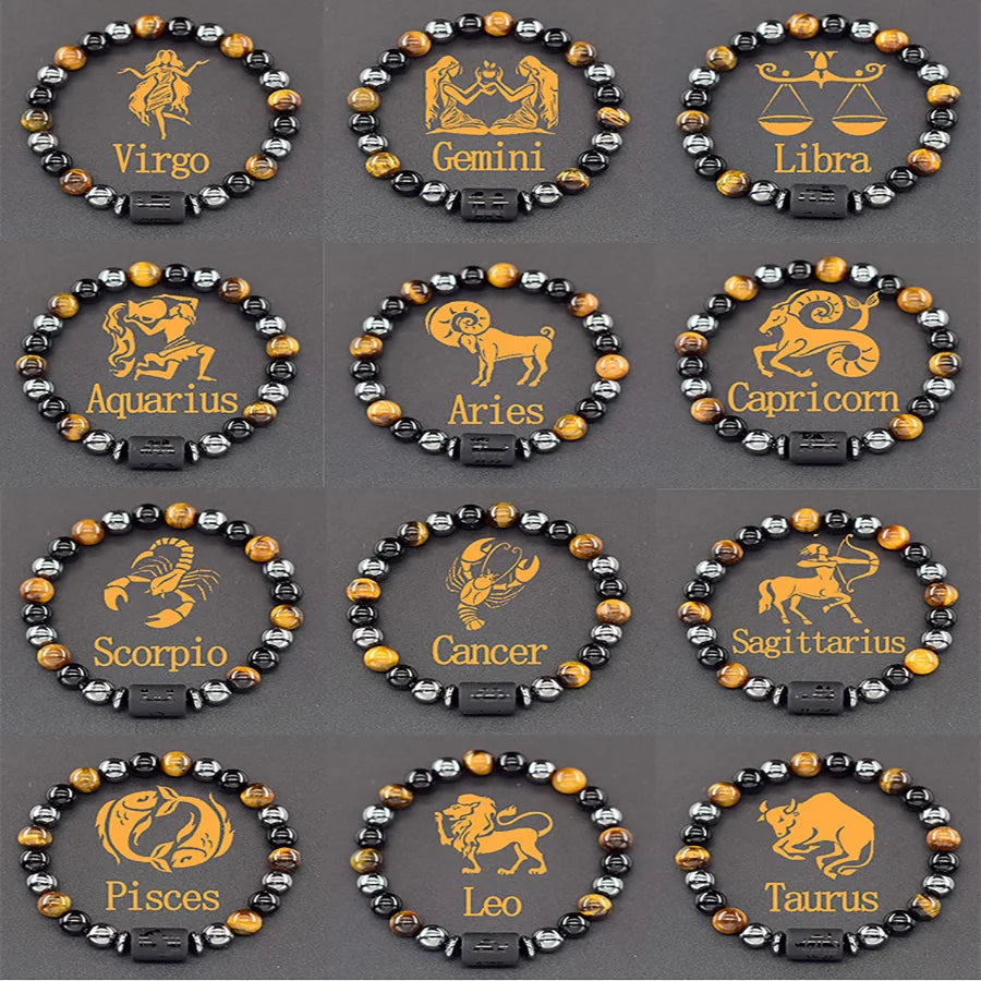 Pulsera de constelación de 12 signos del zodiaco – Brazalete con dije de astrología para hombres y mujeres | Regalo de joyería de amistad Aries, Virgo, Leo y Libra