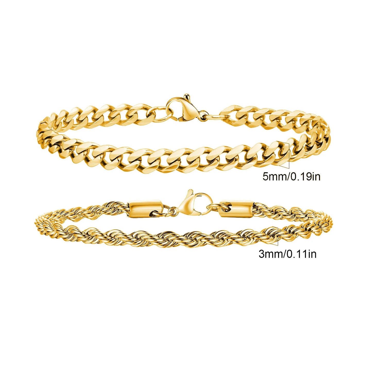 2-Piece Men's Chain Bracelet Set – Stainless Steel Twist Rope & Cuban Link Wristbands in Silver, Gold & Black | Fashion Jewelry Gift