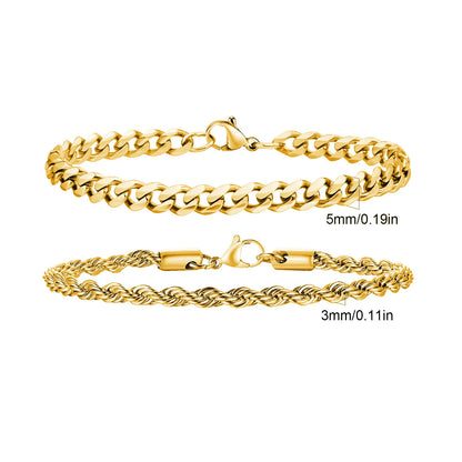 2-Piece Men's Chain Bracelet Set – Stainless Steel Twist Rope & Cuban Link Wristbands in Silver, Gold & Black | Fashion Jewelry Gift