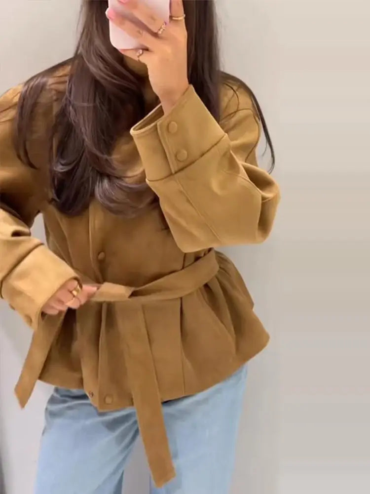 Women’s Vintage Suede Short Coat – Elegant Lace-Up Belted Jacket with Stand Collar, Single-Breasted Closure & Long Sleeves