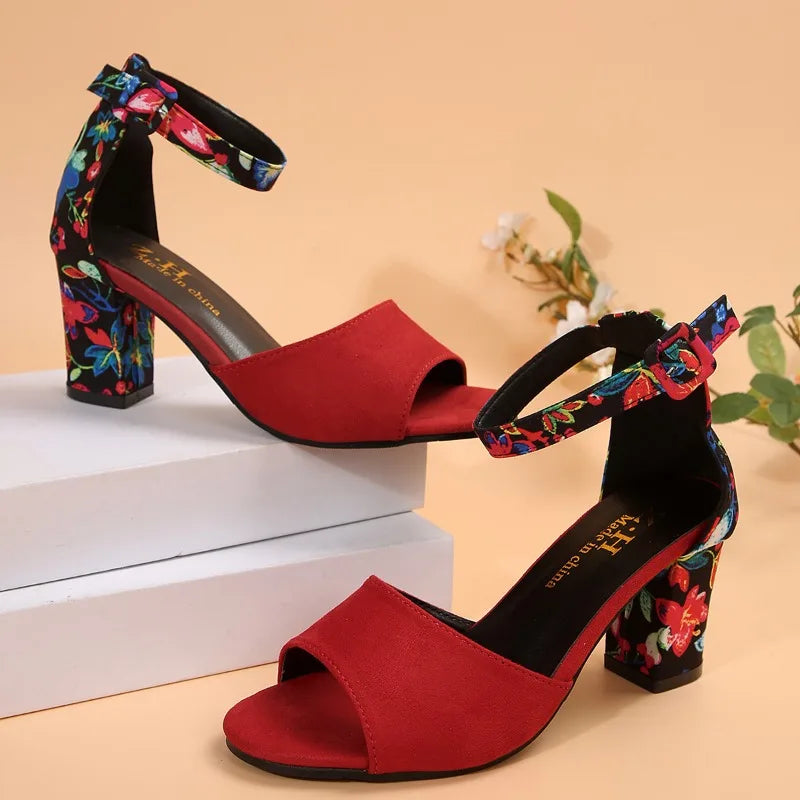 Sandales à talons épais et bout ouvert pour femmes – Talons hauts décontractés d'été antidérapants, chaussures habillées tendance à bout rond imprimées