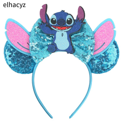 Diadema de orejas de Mickey Mouse de Lilo & Stitch – Lazo de lentejuelas de 5" Accesorio para el cabello de dibujos animados para mujeres y niñas | Diadema para fiestas y festivales