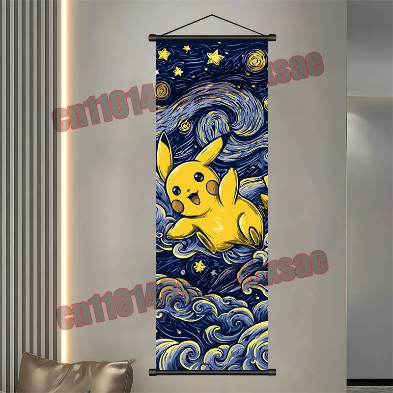Pokémon Anime Wall Poster – Gengar Eevee Pikachu Scroll Painting Retro Canvas Artwork for Home Decor