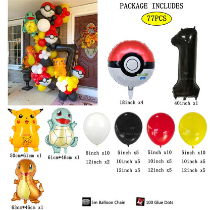 77pcs Pokémon Pikachu & Squirtle Balloon Garland Set – Red, Black & Yellow Latex Balloons for Kids Birthday Party & Baby Shower Decorations