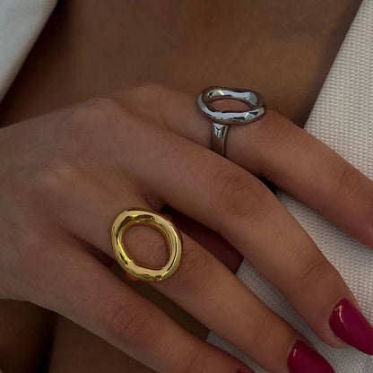 Bague creuse ajustable plaquée or 18 carats - Bague de mode minimaliste en acier inoxydable pour femme