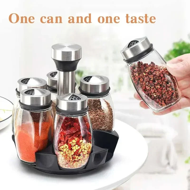 6-in-1 Glass Spice Jar Set with Rotating Rack – Seasoning Organizer with Salt, Pepper, Sugar & Spice Bottles for Kitchen Storage