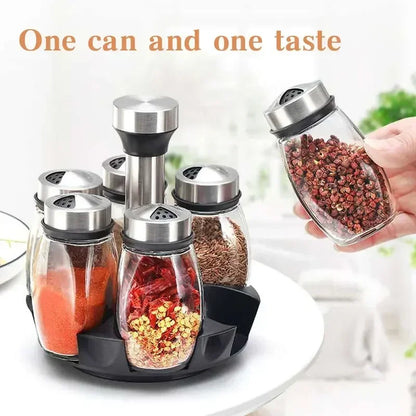 6-in-1 Glass Spice Jar Set with Rotating Rack – Seasoning Organizer with Salt, Pepper, Sugar & Spice Bottles for Kitchen Storage