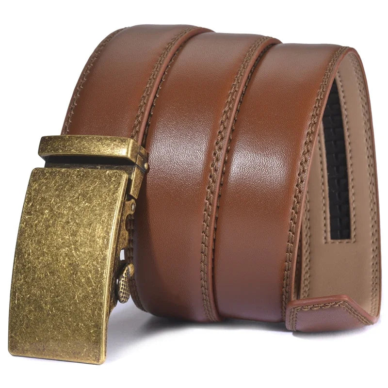 Plyesxale Men's Brown Leather Belt 2026 – Automatic Buckle Vintage Belt for Jeans, Luxury-Style Casual Waist Strap, Ceinture Homme B9
