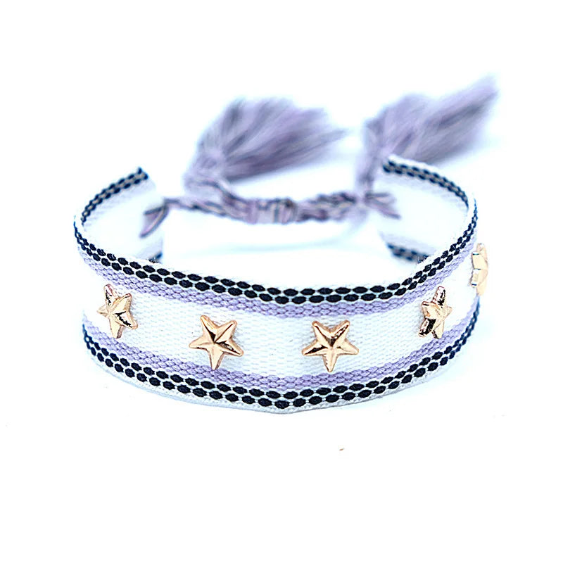 Bohemian Star Tassel Bracelet – Handmade Woven Alloy Gold Rivet Wrist Strap for Women | Ethnic Fashion Jewelry Gift