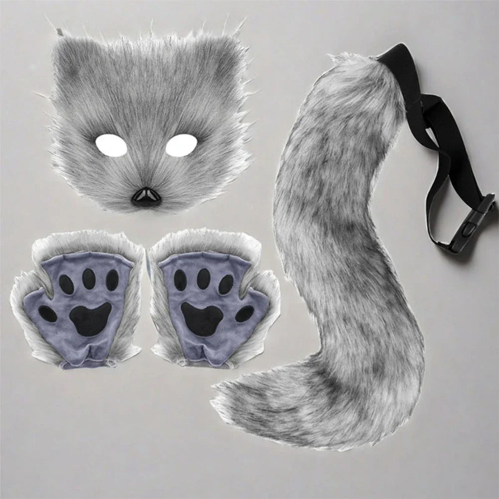Halloween Fox Cosplay Costume Accessories Set, Animal Fox Mask, Tail and Gloves, Cute Fancy Dress-Up Props for Carnival, Masquerade, Themed Parties, and Halloween Costumes