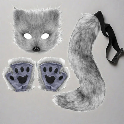 Halloween Fox Cosplay Costume Accessories Set, Animal Fox Mask, Tail and Gloves, Cute Fancy Dress-Up Props for Carnival, Masquerade, Themed Parties, and Halloween Costumes
