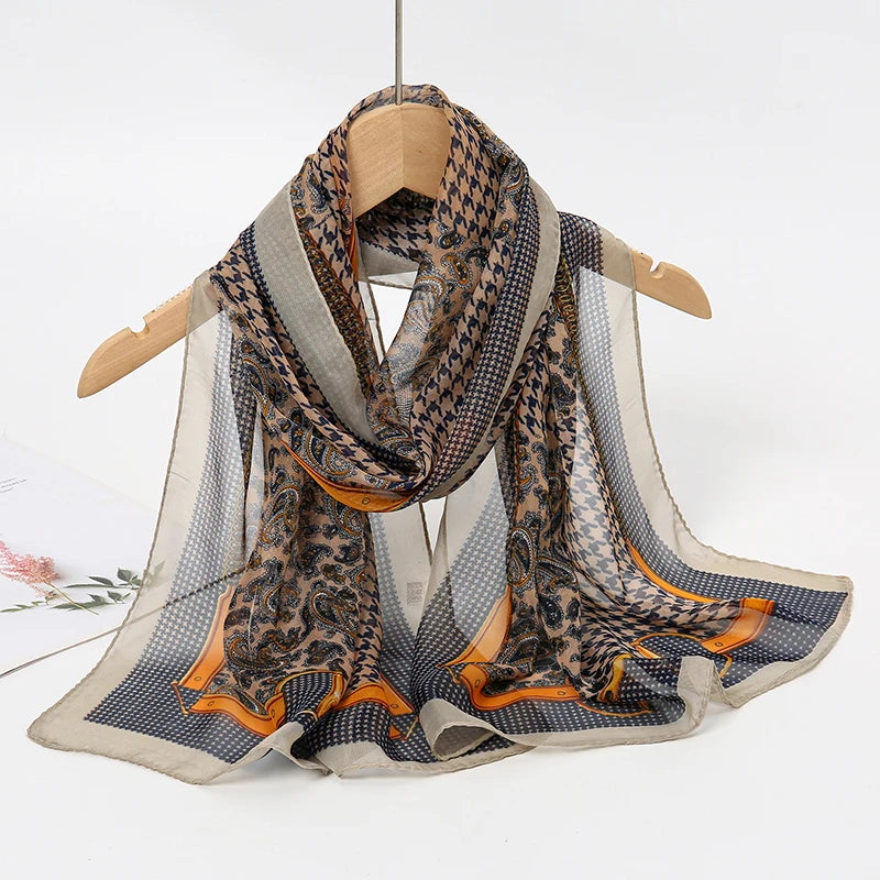 Women's Printed Chiffon Scarf Shawl – Lightweight Silk-Feel Long Wrap for Beach, Travel & Outdoor Wear, Fashion Headband Accessory