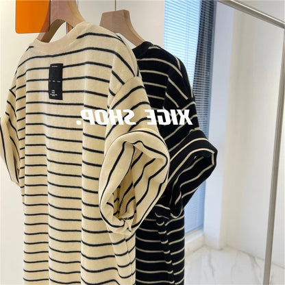 Women’s Korean Style Oversize Striped T-Shirt Loose Casual Short Sleeve Cotton Summer Commute Top