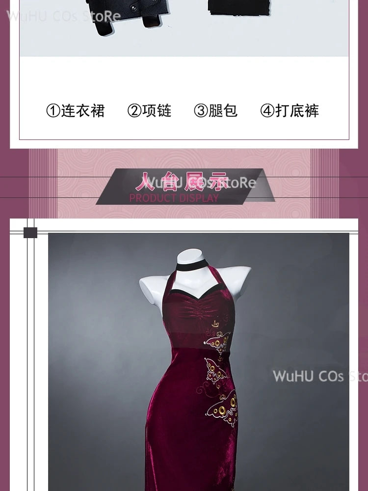 Resident Evil 4 Ada Wong Cosplay Costume | Red Cheongsam Embroidery Dress with Wig | Halloween Carnival & Anime Roleplay Suit for Women
