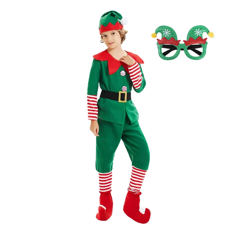 Kids Green Christmas Elf Costume Set, Boys and Girls Santa Claus Cosplay Fancy Dress, Festive Holiday Outfit for Xmas Parties, Carnival Events, Halloween and Christmas Celebrations