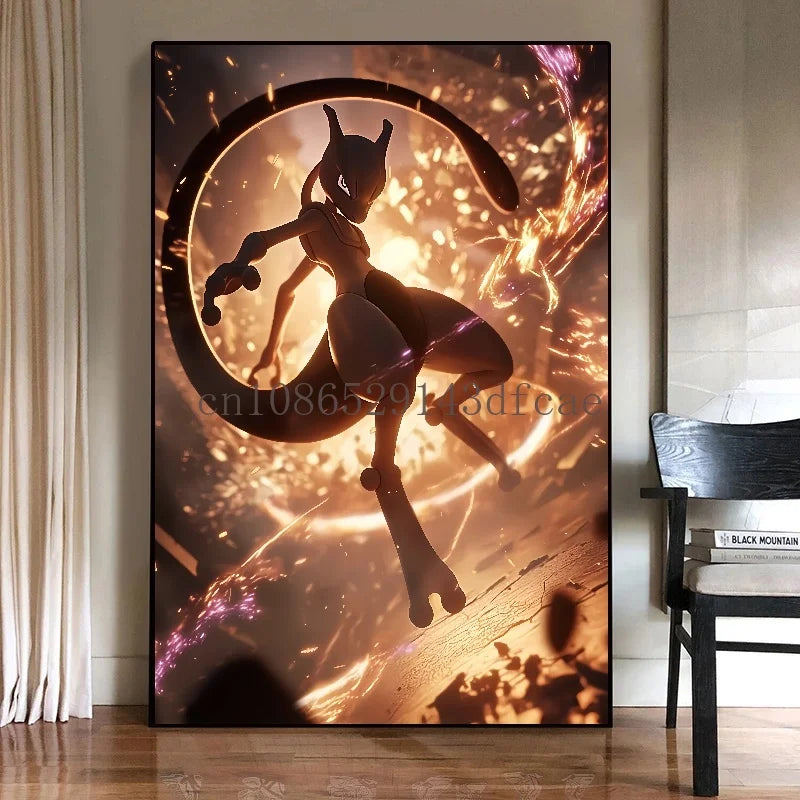 Pokémon Mewtwo HD Canvas Wall Art – Anime Watercolor Poster Print Modern Home Decor