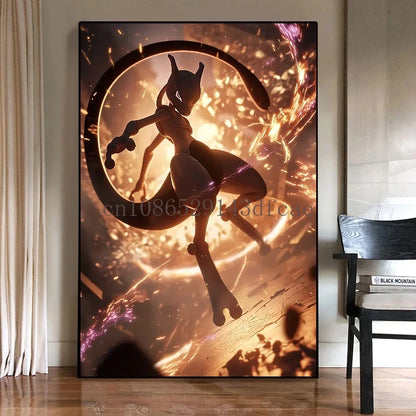 Pokémon Mewtwo HD Canvas Wall Art – Anime Watercolor Poster Print Modern Home Decor