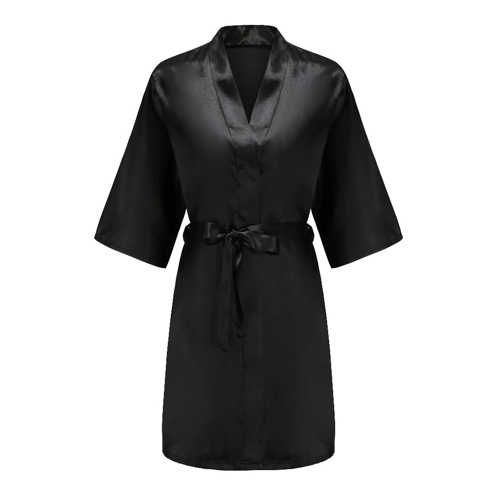 Women’s Black Satin Robe – Silky Kimono Bridal Wedding Bridesmaid Loungewear Dressing Gown