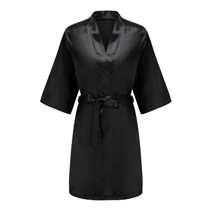 Women’s Black Satin Robe – Silky Kimono Bridal Wedding Bridesmaid Loungewear Dressing Gown