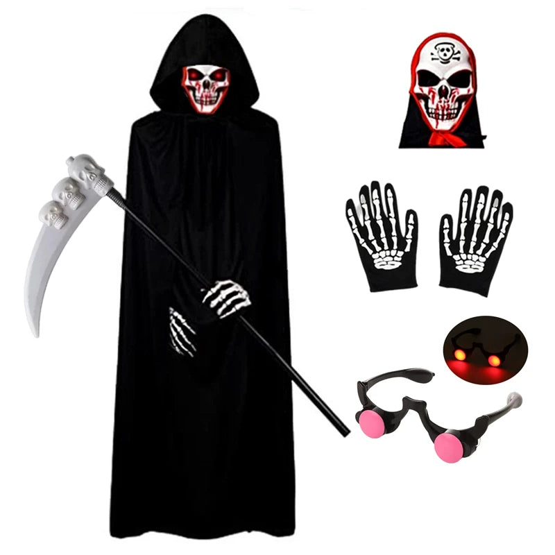 Kids’ Grim Reaper Halloween Costume – Scary Robe Outfit with Glowing Red Eyes, Mask & Gloves for Boys, Halloween Parties & Dress-Up