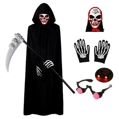Kids’ Grim Reaper Halloween Costume – Scary Robe Outfit with Glowing Red Eyes, Mask & Gloves for Boys, Halloween Parties & Dress-Up