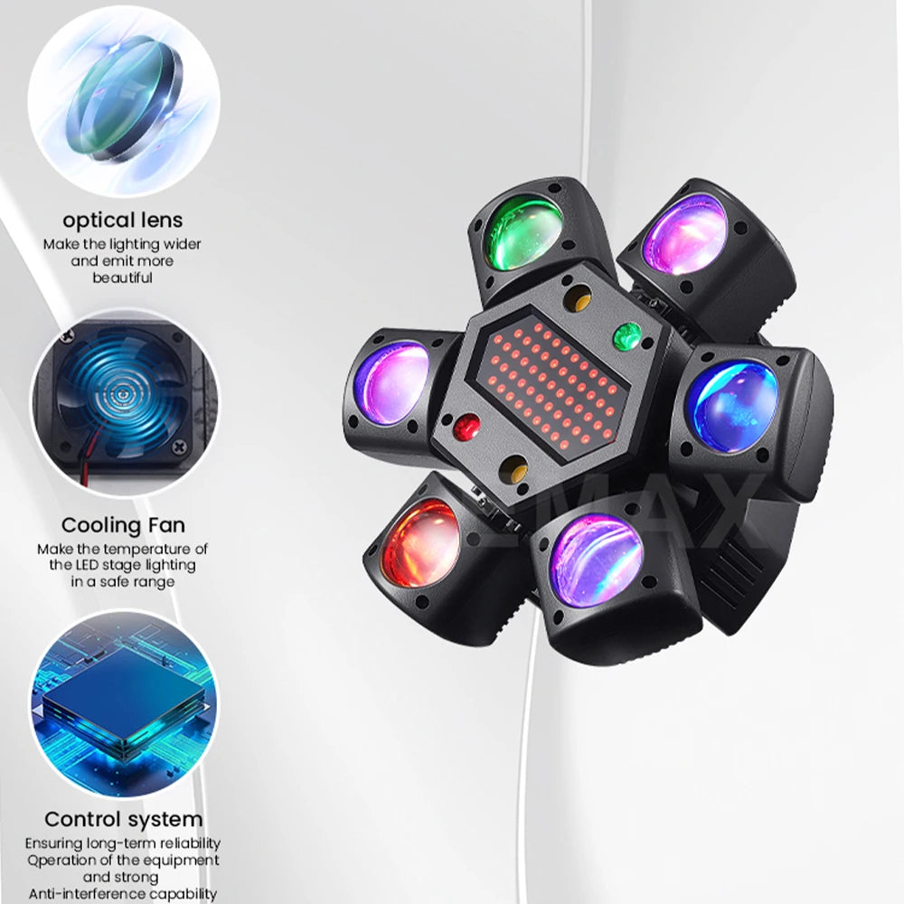 80W Disco Party Light – 6-Arm Moving Head Beam & Strobe Stage Light with Remote and DMX512 Control for DJ, Club & Wedding Events